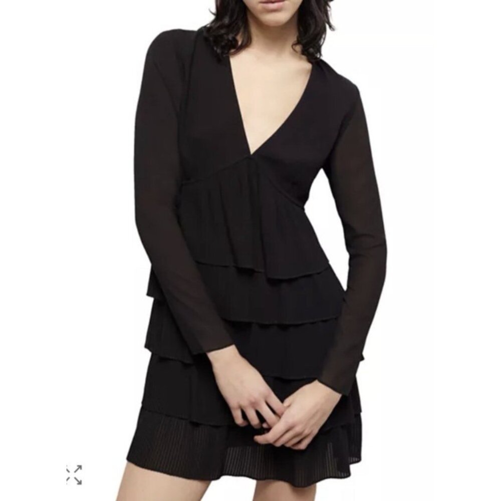 The Kooples Black Pleated Tiered Mini Dress Long Sleeve V Neck Designer Small